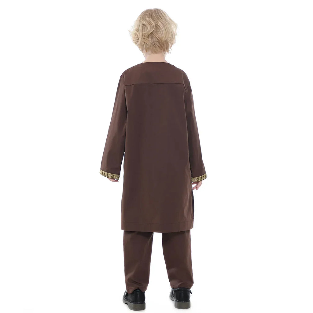 Muslim Children Robe 2 Pieces Set Kids Boy Round Neck Long Sleeve Printed Dress Shirt Abaya Kaftan Jubba Thobe Islamic Clothing