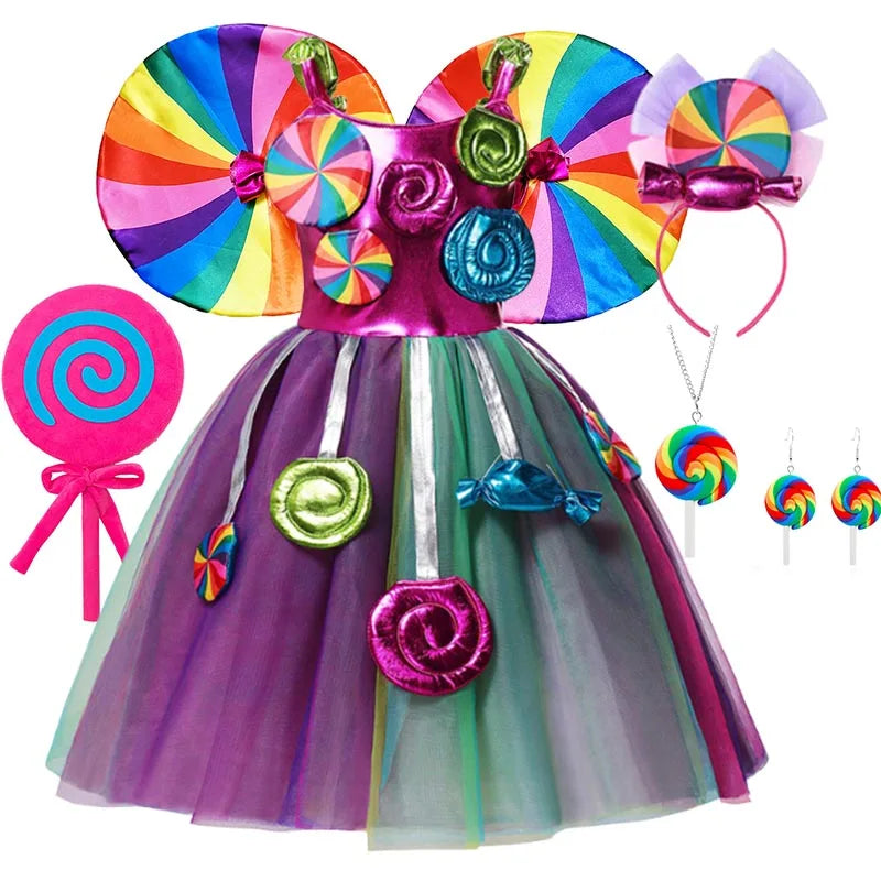Girls Rainbow Lollipop Costume Princess Dress Purim Festival Candy Vestido Fancy Carnival Birthday Children Fantasy Wings Outfit