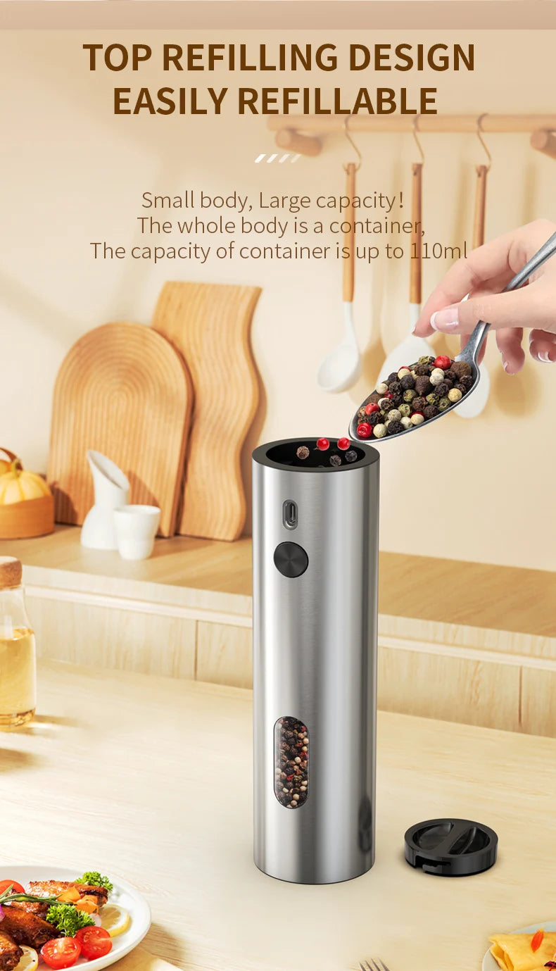 USB Rechargeable Automatic Pepper Grinder Salt And Pepper Mill Adjustable Coarseness Spice Grinder with LED Light for Kitchen