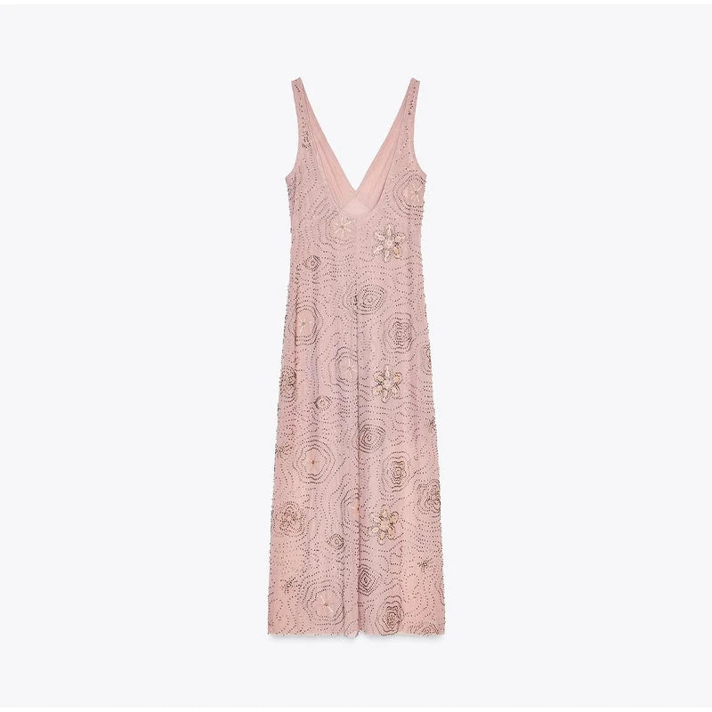 Sexy Beading Sequined Sling Long Dress Women Loose Solid V-neck Sleeveless Ruffled Shiny Dresses 2025 Summer Lady Evening Robes