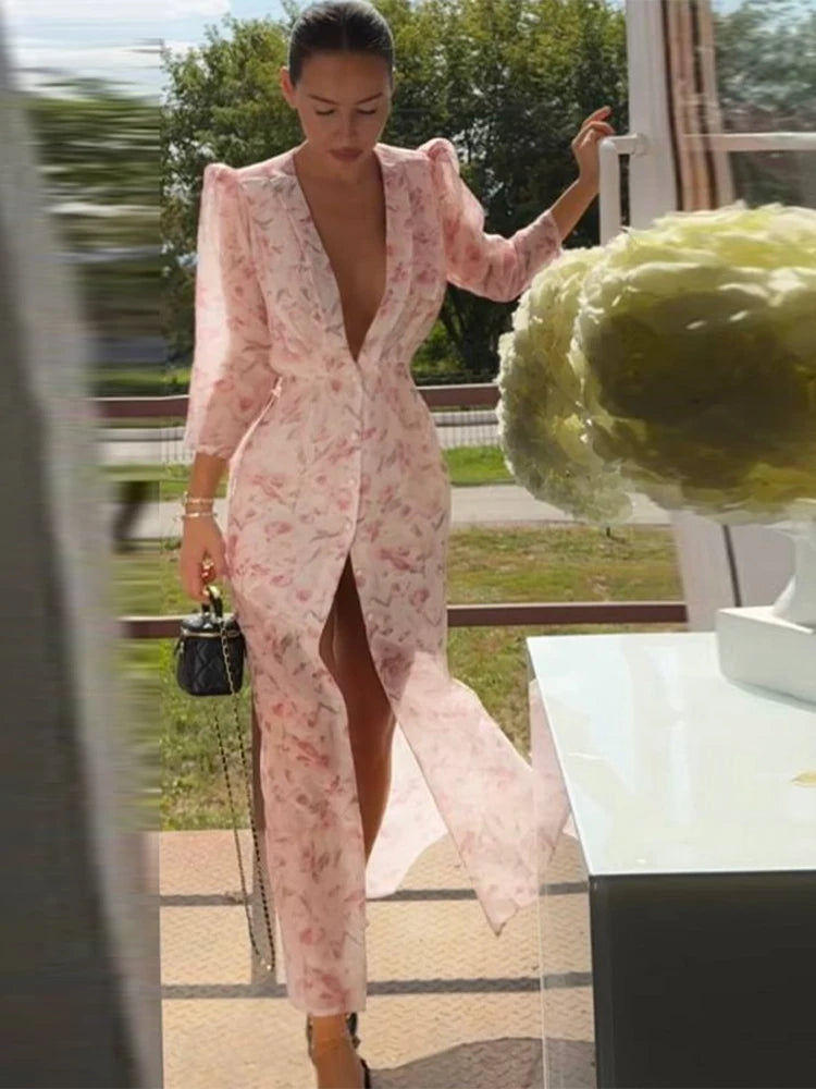 Floral Print Sheer Chiffon Dress Deep V-neck Single Breasted Split Bodycon Mermaid Gown 2026 Summer Chic Elegant Party Dresses
