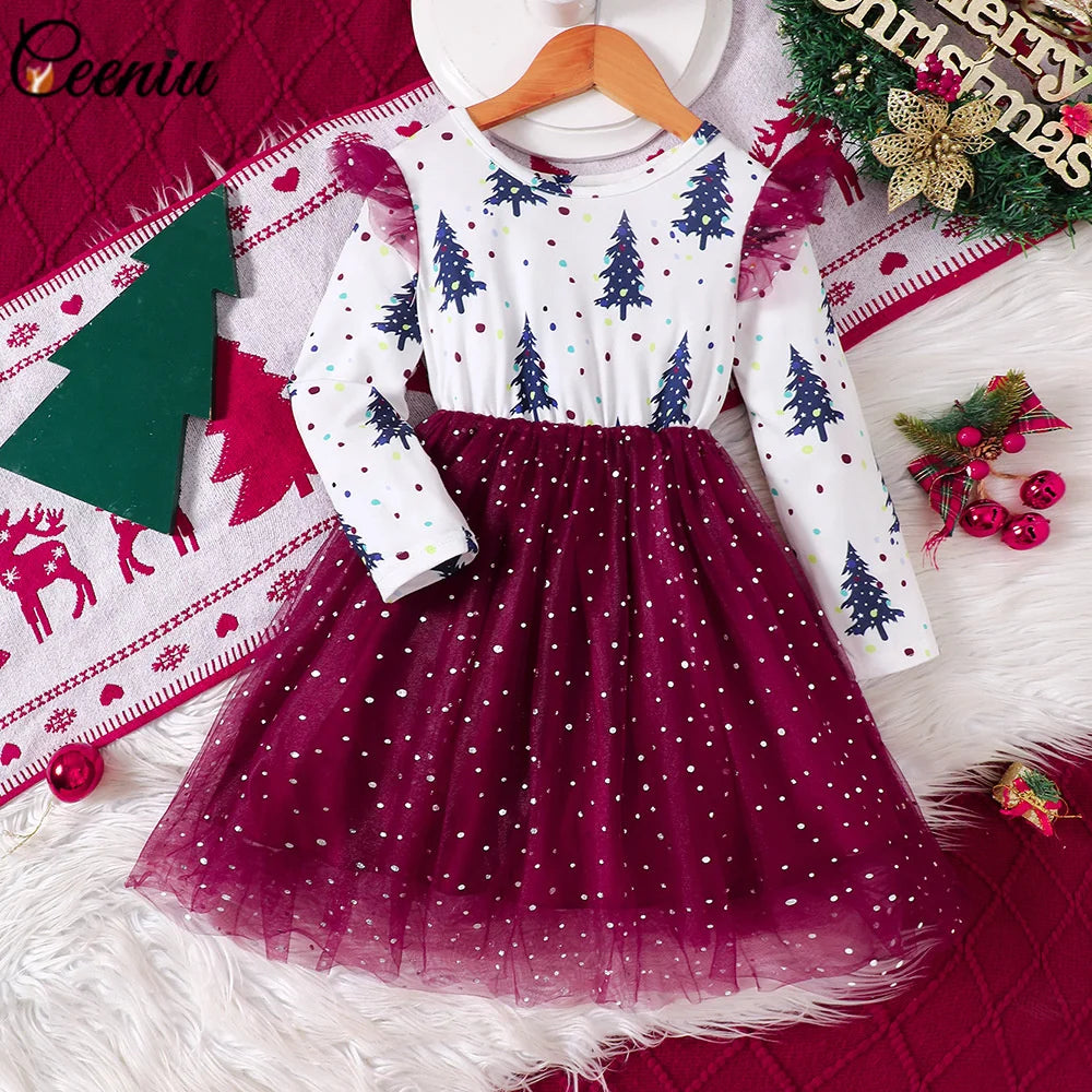4-7Y Kids Christmas Dresses For Girls Bow Green Xmas Tree Hoodies Dress For New Year Kids Girl Evening Dress Festival Clothing