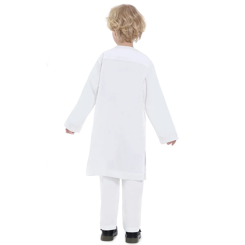 Muslim Children Robe 2 Pieces Set Kids Boy Round Neck Long Sleeve Printed Dress Shirt Abaya Kaftan Jubba Thobe Islamic Clothing