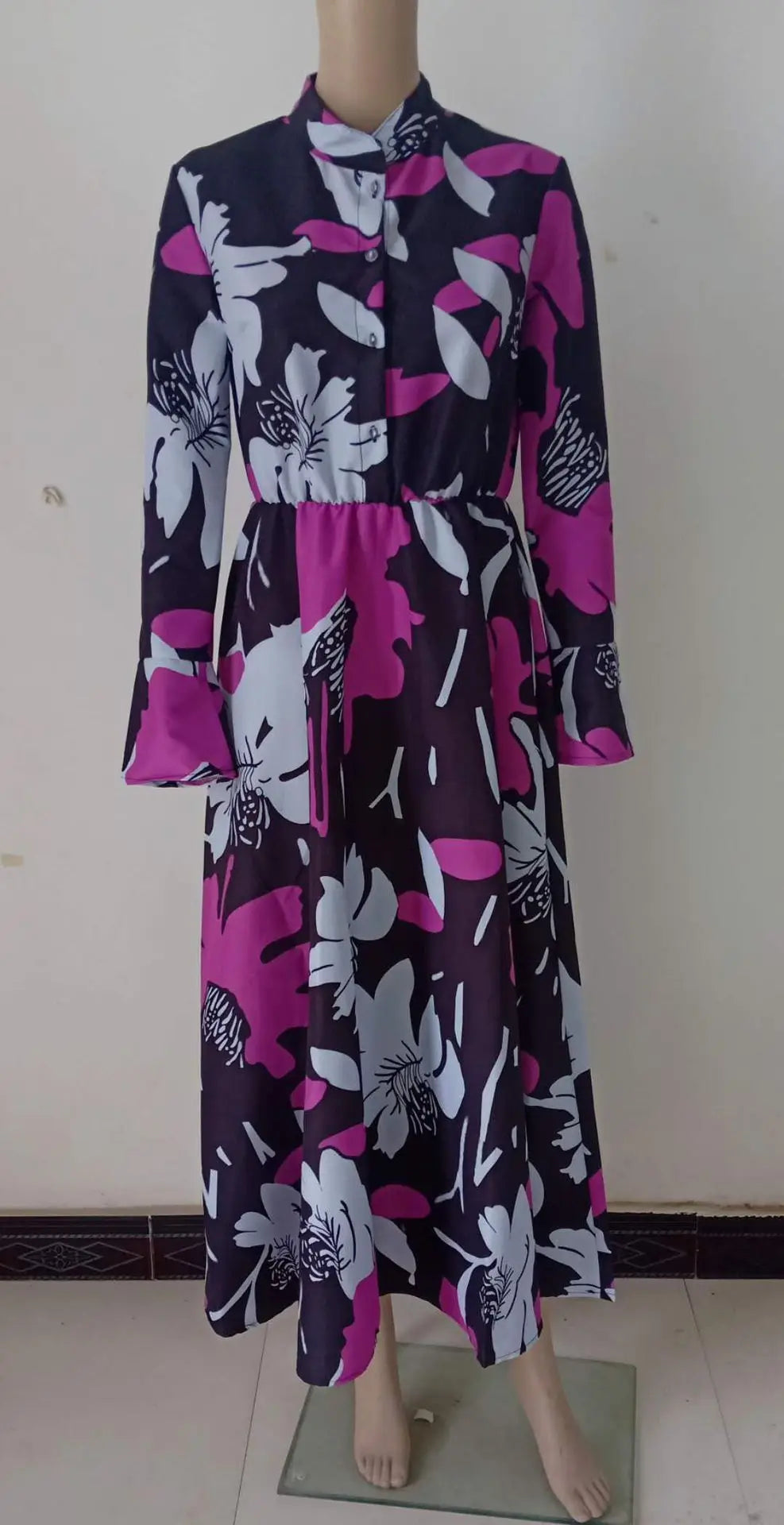 Retro Print Large Maxi Dress Women's Fashion Elegant Office Women's Long Dresses Spring Autumn Casual Long-sleeve Slim Vestidos