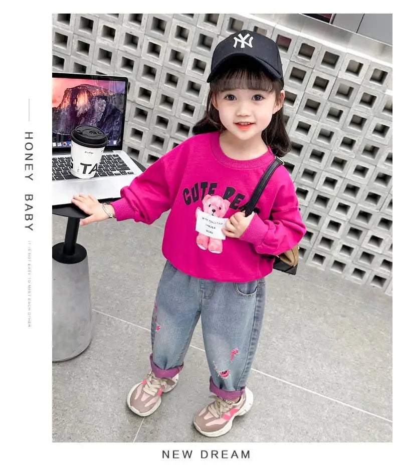 Girls Ripped Jeans Spring Autumn New Children Aging Denim Pants Fashion 2-10Y Kid's Straight Pants Cute Letter Trouser