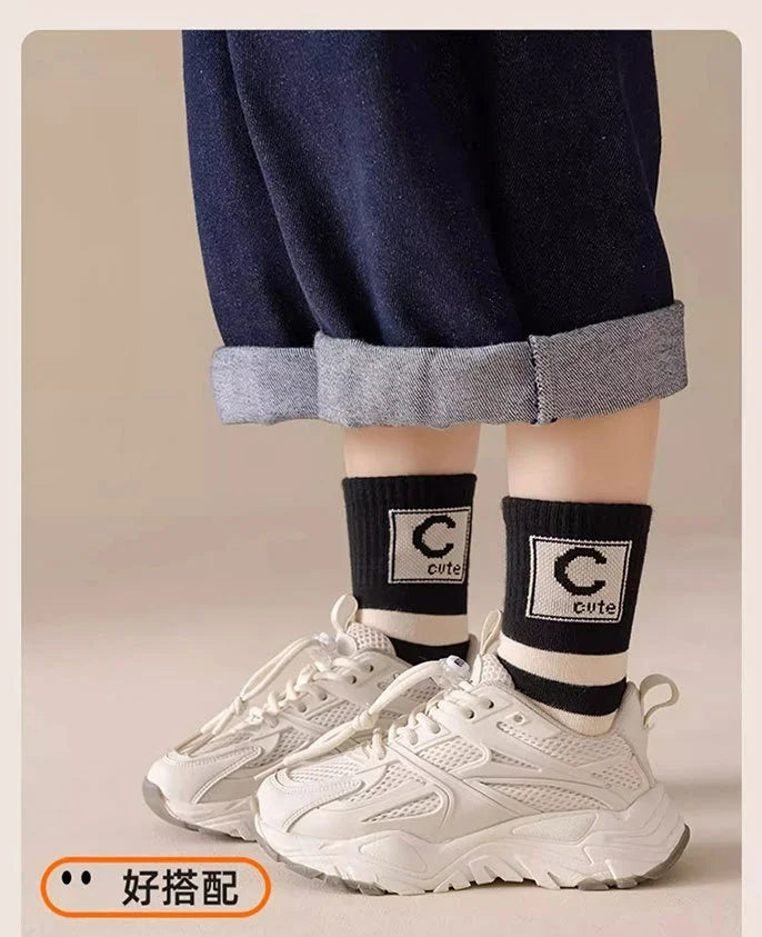 5 pairs Spring Socks Kids Cotton Socks Mid Calf Socks Striped Letter Pattern Children Sporty Socks Boys Socks