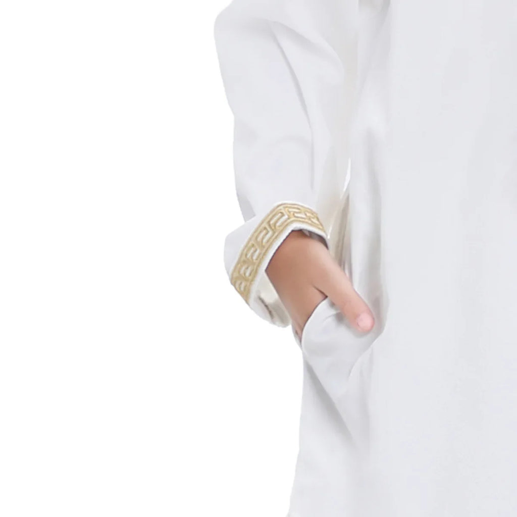 Muslim Children Robe 2 Pieces Set Kids Boy Round Neck Long Sleeve Printed Dress Shirt Abaya Kaftan Jubba Thobe Islamic Clothing