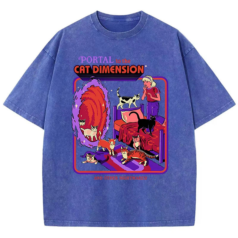 Portal To The Cat Dimension Washed Retro Men Clothes Fashion Summer T-Shirts Streetwear Cotton Loose Tops Breathable Tee Couple