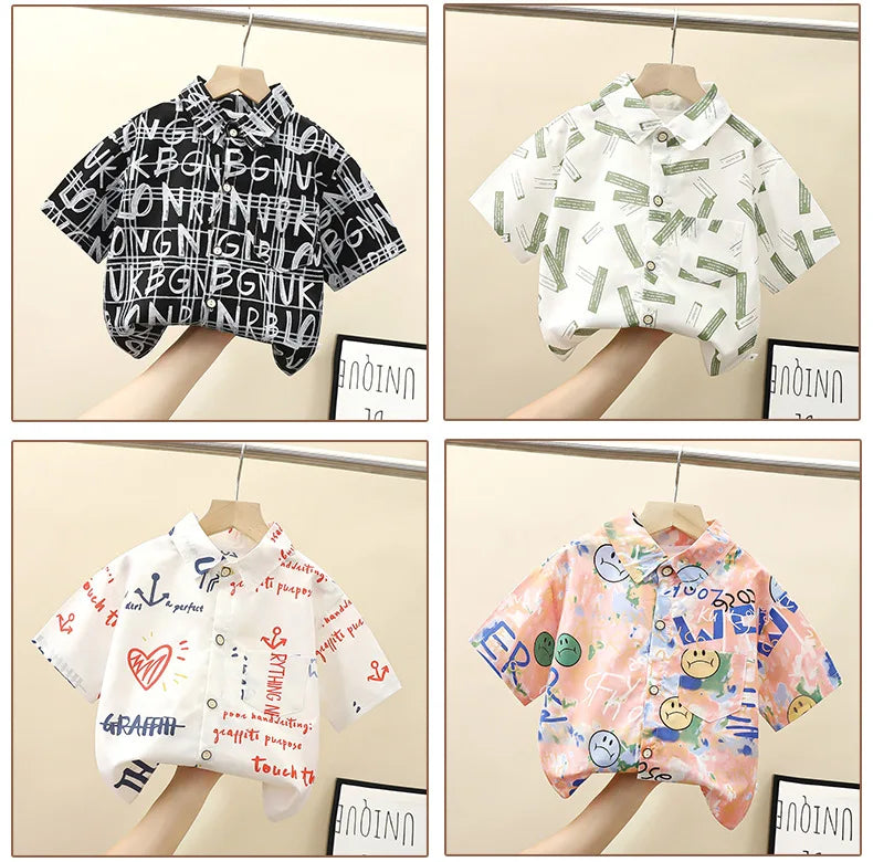 90-170cm Children Girl Short sleeved Shirts Summer Boys Summer Clothes Thin Baby Shirts  Cotton Tops 2023 New Korean Version