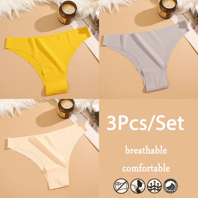 3Pcs/Set Ice Silk Seamless Underwear For Women Low Waisted Brazilian Pants Breathable High Elasticity Lingerie Intimates Panties