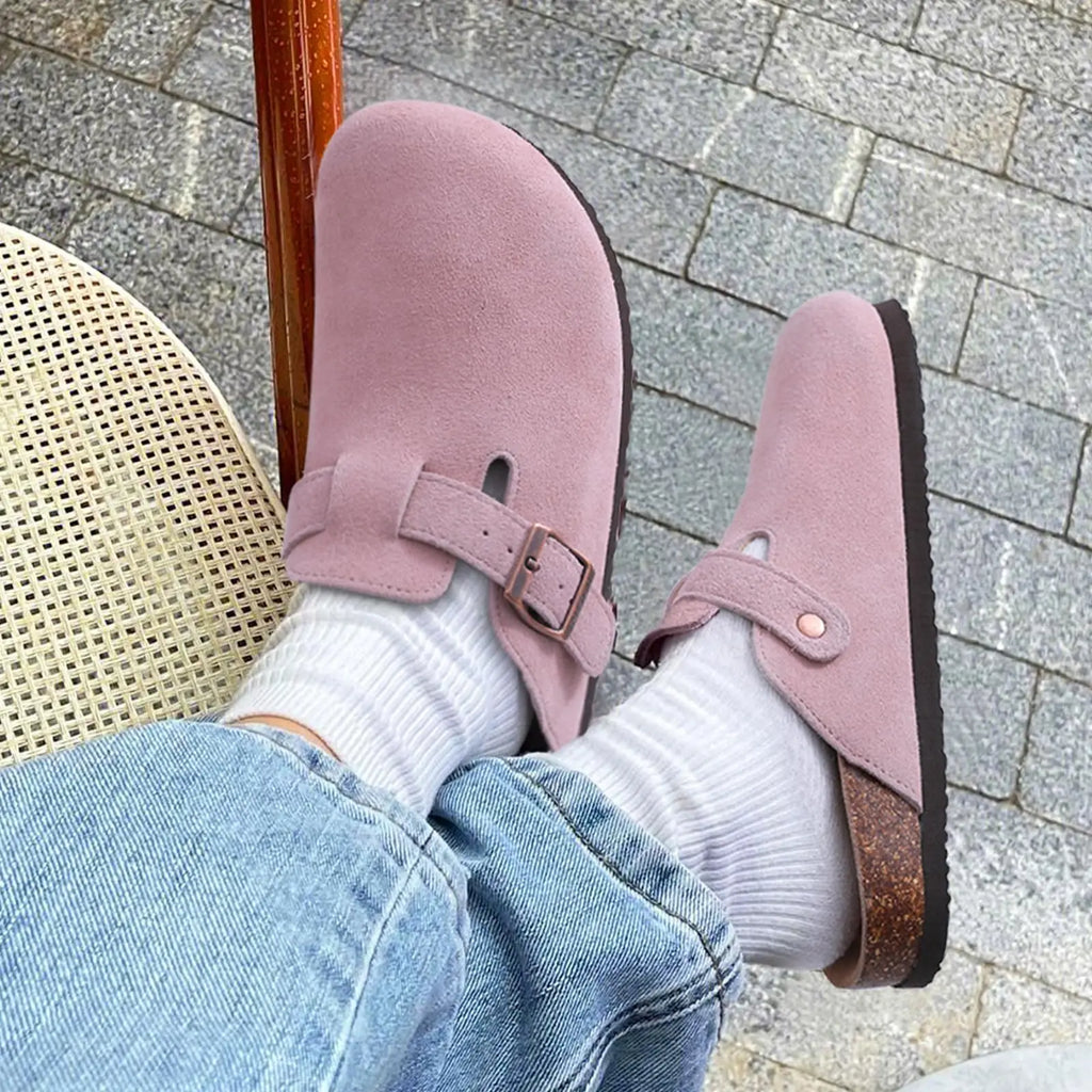 Comwarm Buckle Clogs For Women Men New Genuine Suede Clogs with Arch Support Soft Cork Footbed Mules Fashion Thick Beach Sandals