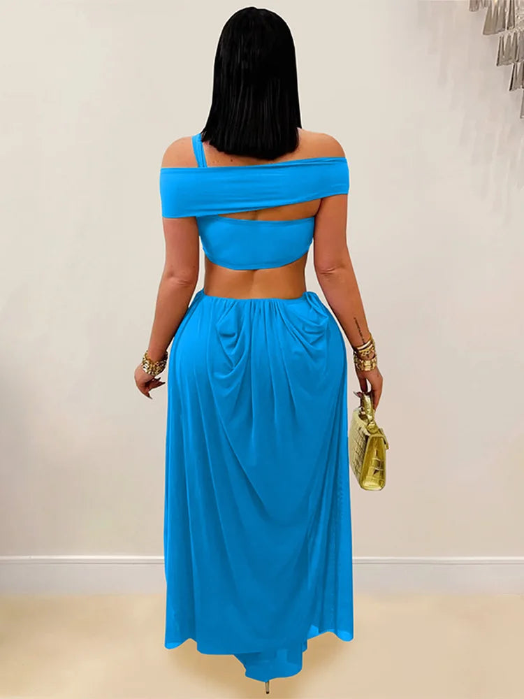 Sexy Beach Long Dress Women Hollow Out Backless Fold A Line Vestidos Female 2025 Summer Fashion Chic Solid High Waist Dresses