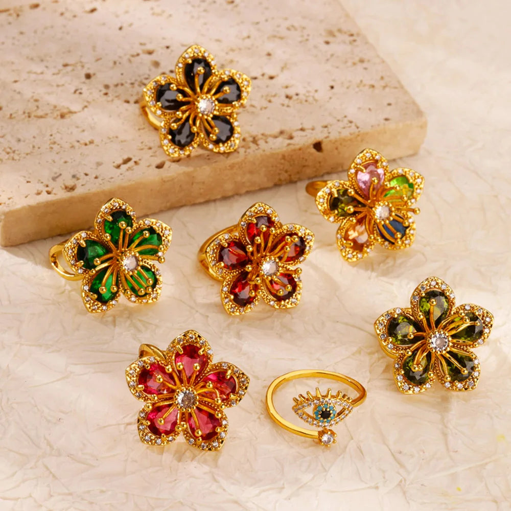 Colorful Zircon Flower Rings For Women Gold Color Stainless Steel Floral Ring Elegant Luxury Wedding Aesthetic Jewelry Gift