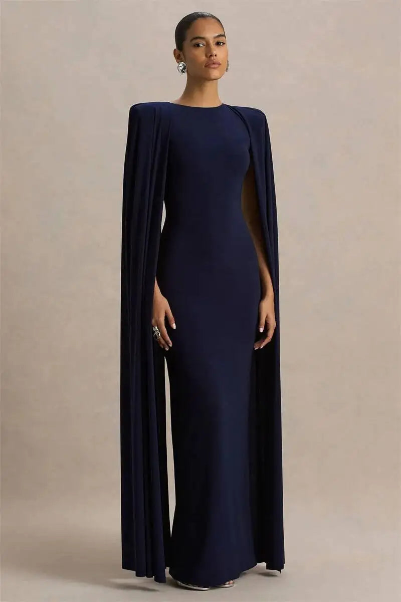 Blifanbo Sexy Cape Sleeve Maxi Dress Women Gown Fashion O Neck High Waist Split Zipper Club Party Long Dresses Female Elegant