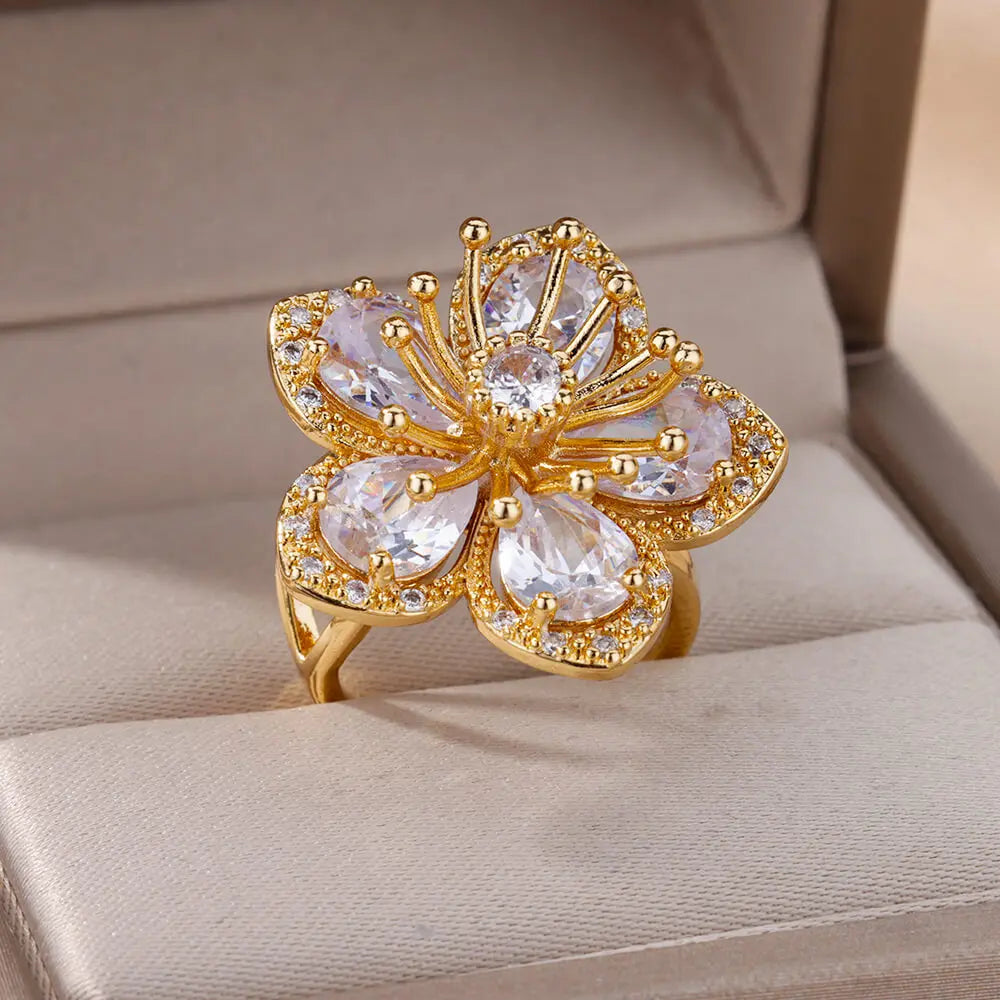 Colorful Zircon Flower Rings For Women Gold Color Stainless Steel Floral Ring Elegant Luxury Wedding Aesthetic Jewelry Gift