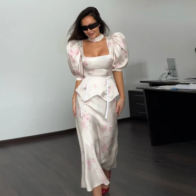 Women Dress Floral Print Satin Choker Neck Puff Sleeve Peplum Waist Maxi Dresses Elegant Vintage Beach Party Bodycon For Ladies