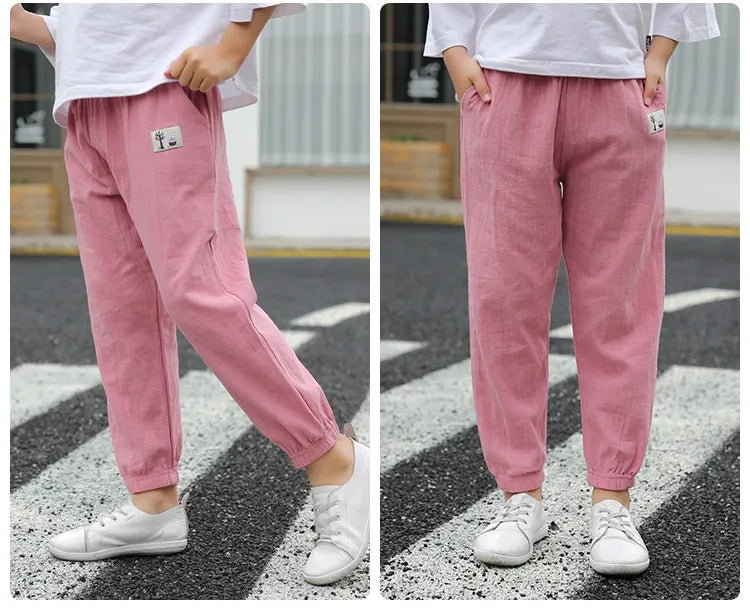 Children Trousers For Boys Girls Cotton Linen Elastic Waist Solid Color Summer Mosquito Pants Kids Clothing Long Pants 100-160cm