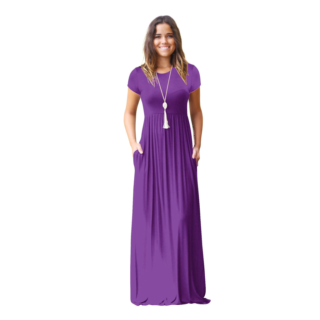 Women Summer Dress Casual Solid Color O Neck Loose Short Sleeve Pocket floor-length Long Woman Maxi Dresses Vestidos SLBZ352