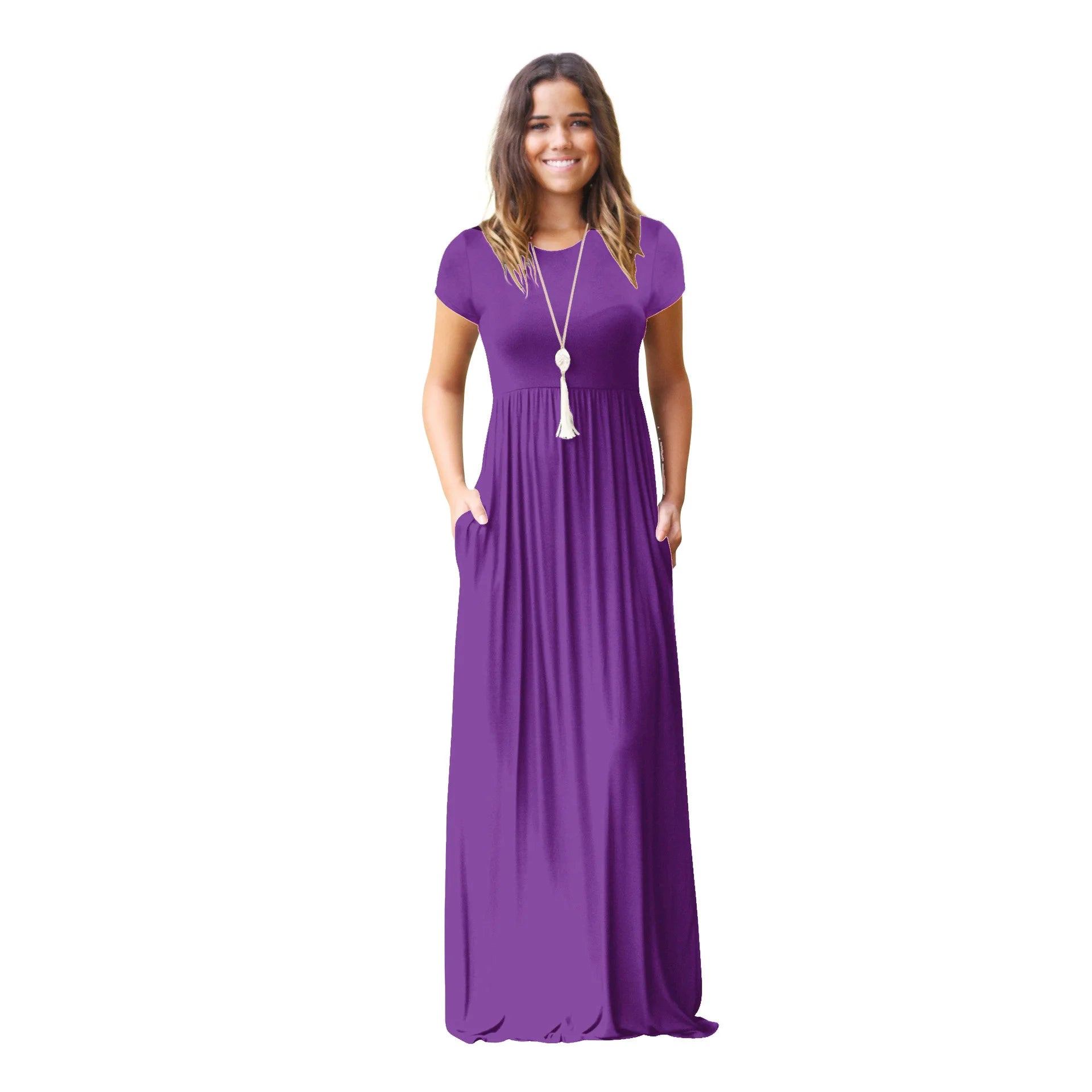 Women Summer Dress Casual Solid Color O Neck Loose Short Sleeve Pocket floor-length Long Woman Maxi Dresses Vestidos SLBZ352