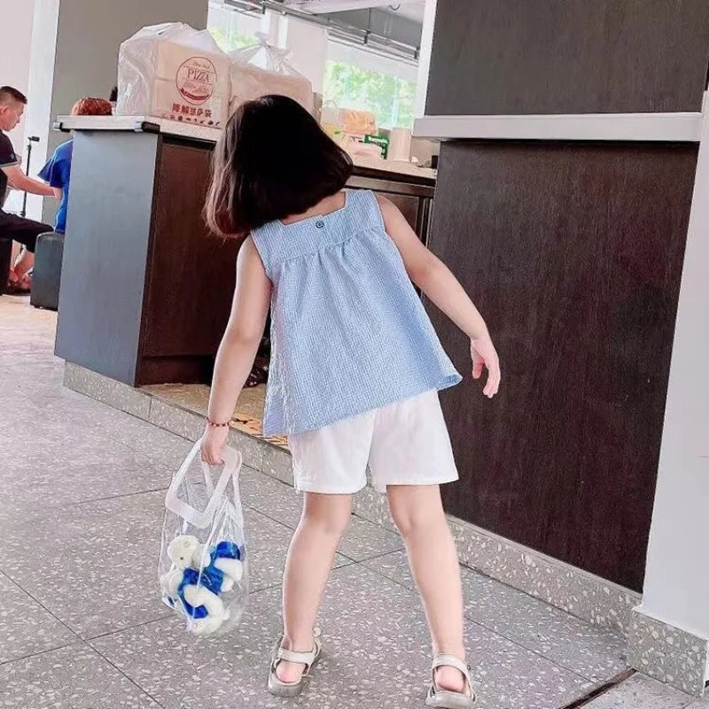 New Summer Kids Girls Clothes Sets Casual Girls Checked Straps+White Shorts 2pcs Suit Children Clothing Set