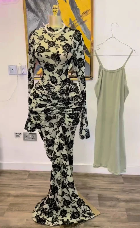 CM.YAYA Women Flare Long Sleeve Stacked Dot Mesh See Though with Lining Maxi Long Dress 2025 Evening Birthday Sexy Party Dresses