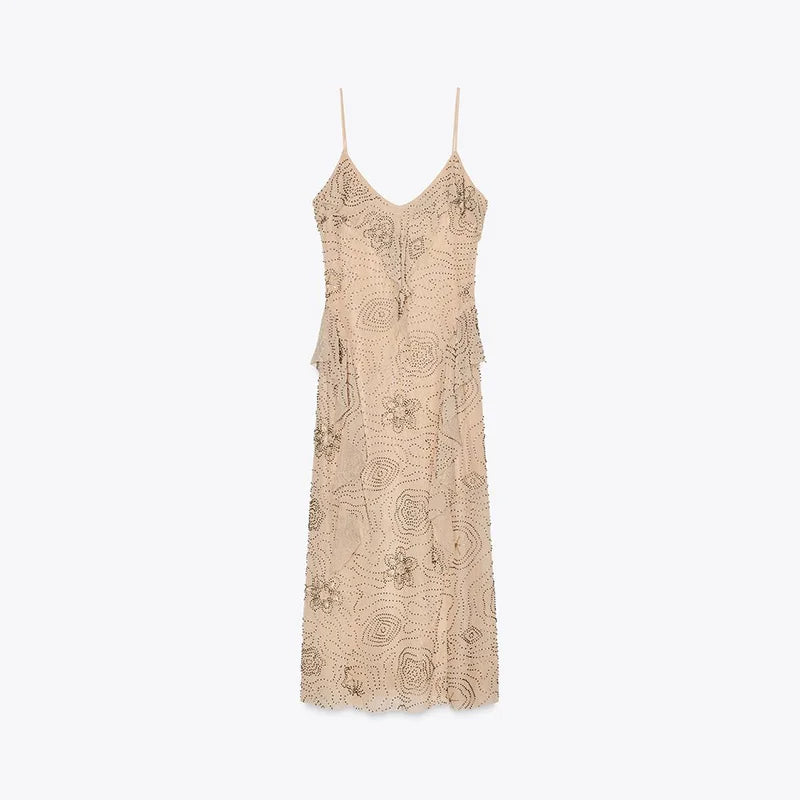 Sexy Beading Sequined Sling Long Dress Women Loose Solid V-neck Sleeveless Ruffled Shiny Dresses 2025 Summer Lady Evening Robes