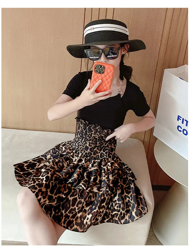 Summer Young Girls Clothes Two Ways To Wear Leopard Print Skirt One-Piece Tube Dress Fashion Children Streetwear Strapless Dress