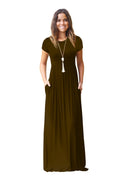 Women Summer Dress Casual Solid Color O Neck Loose Short Sleeve Pocket floor-length Long Woman Maxi Dresses Vestidos SLBZ352
