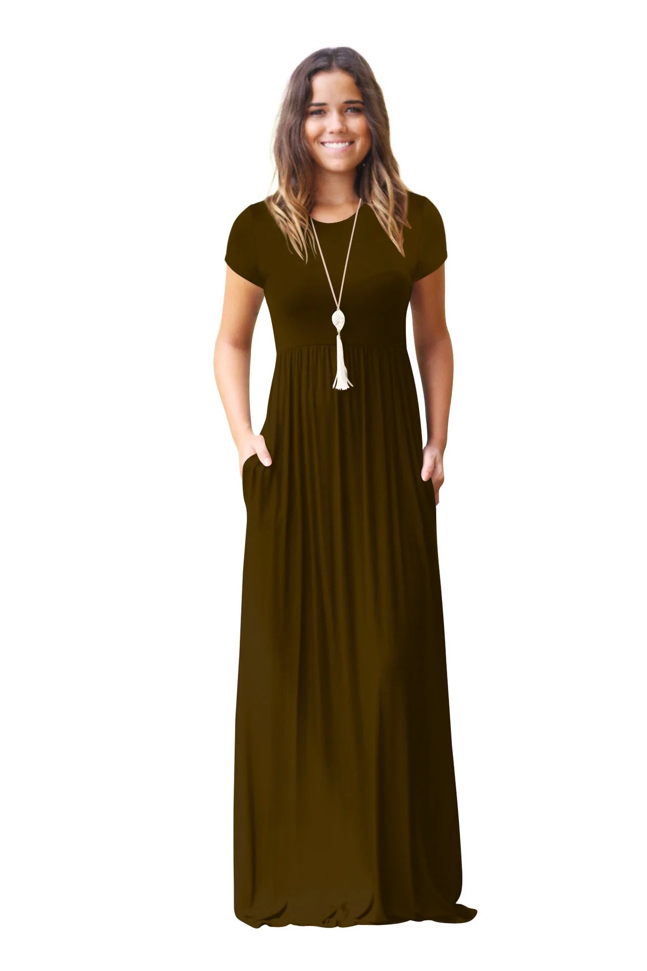 Women Summer Dress Casual Solid Color O Neck Loose Short Sleeve Pocket floor-length Long Woman Maxi Dresses Vestidos SLBZ352