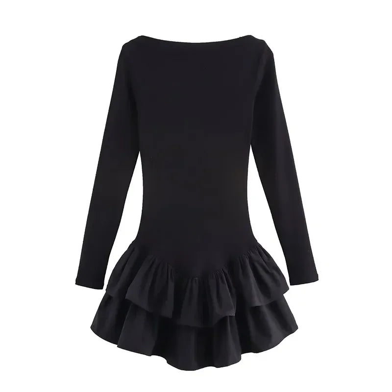 Ruffled Hem Solid Women Dresses Elegant Long Sleeve High Waist O-neck Lady Mini Dress 2025 Spring Chic Street Party Female Robes