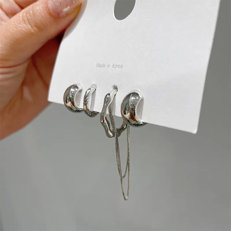 4PCS/SET New Design Gold Silver Color Metal Geometric Irregular Tassel Chain Clip Earrings for Women Non Pierced Ear Cuff 2023