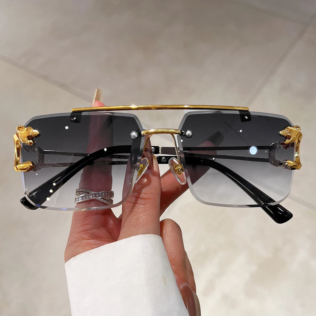 KAMMPT Vintage Rimless Sunglasses Men Women Fashion Oversized Square Shades Eyewear New Double Bridge Gradient UV400 Sun Glasses