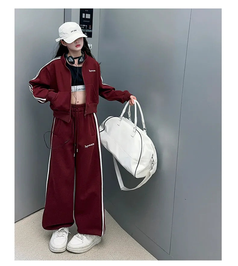 2026 autumn girls Clothes Children Suit Teenager zipped jacket Narrow crop top + wide leg high waist pants 4 5 8 10 11 12 year