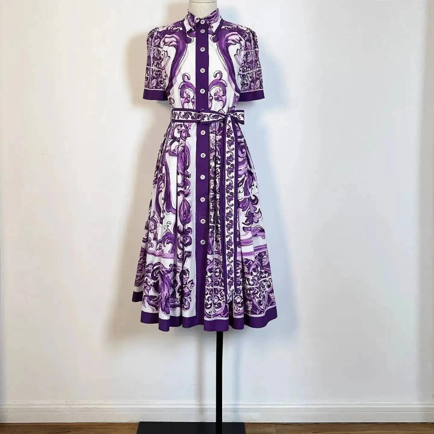 Fashion Summer Floral Long Dress Women Purple Porcelain Print Midi Dresses Shirt Single Breasted Office Lady Work Holiday Runway