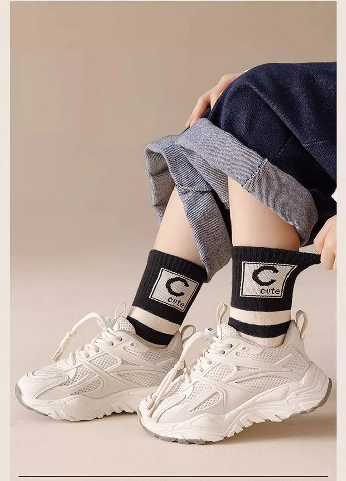 5 pairs Spring Socks Kids Cotton Socks Mid Calf Socks Striped Letter Pattern Children Sporty Socks Boys Socks