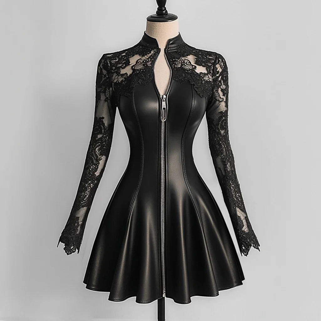 PU Leather Dresses for Women Stand Collar Lace Long Sleeve Zipper Slim Fit Mini Dress Woman Elegant A-Line Dress Streetwear Top