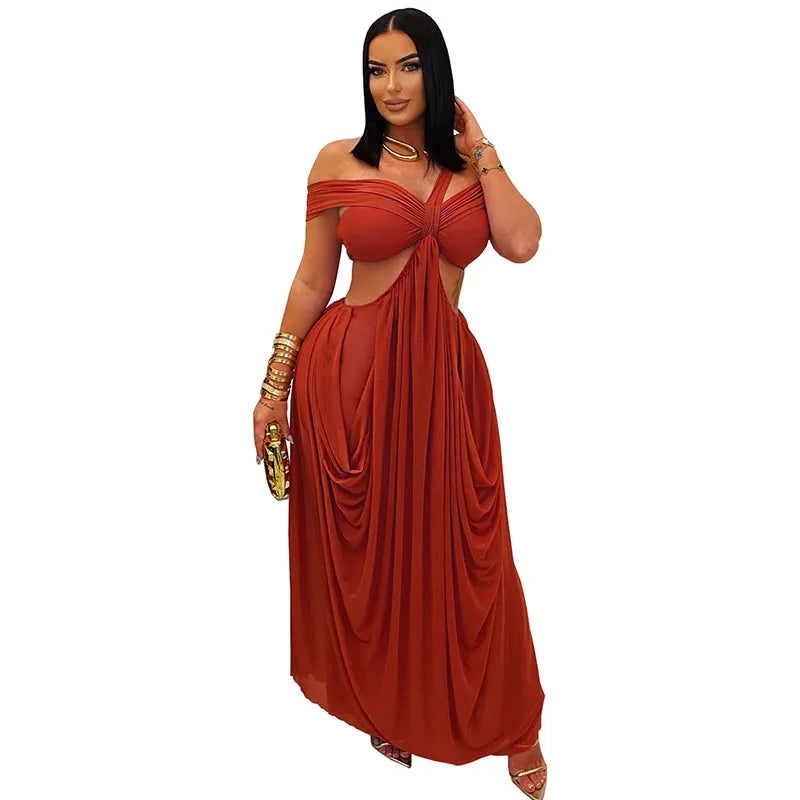 Sexy Beach Long Dress Women Hollow Out Backless Fold A Line Vestidos Female 2025 Summer Fashion Chic Solid High Waist Dresses