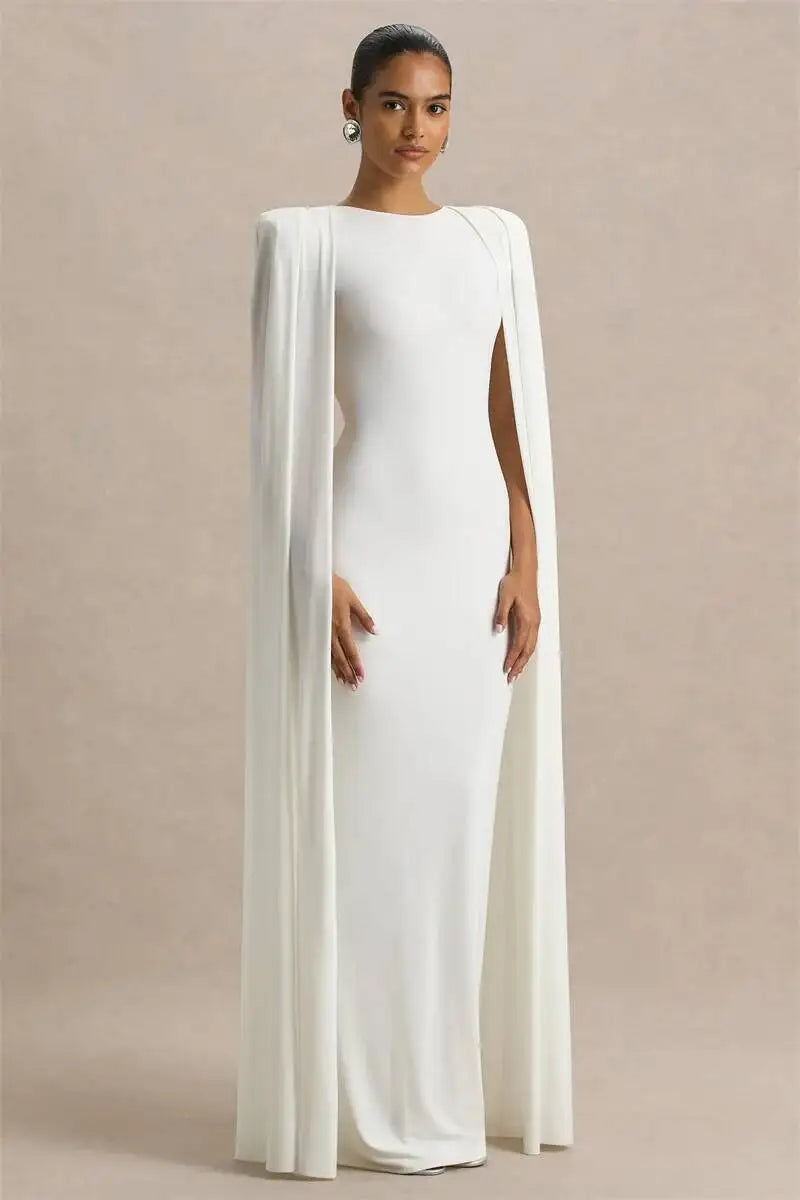 Blifanbo Sexy Cape Sleeve Maxi Dress Women Gown Fashion O Neck High Waist Split Zipper Club Party Long Dresses Female Elegant