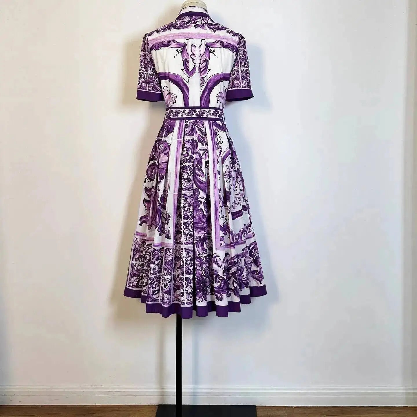 Fashion Summer Floral Long Dress Women Purple Porcelain Print Midi Dresses Shirt Single Breasted Office Lady Work Holiday Runway