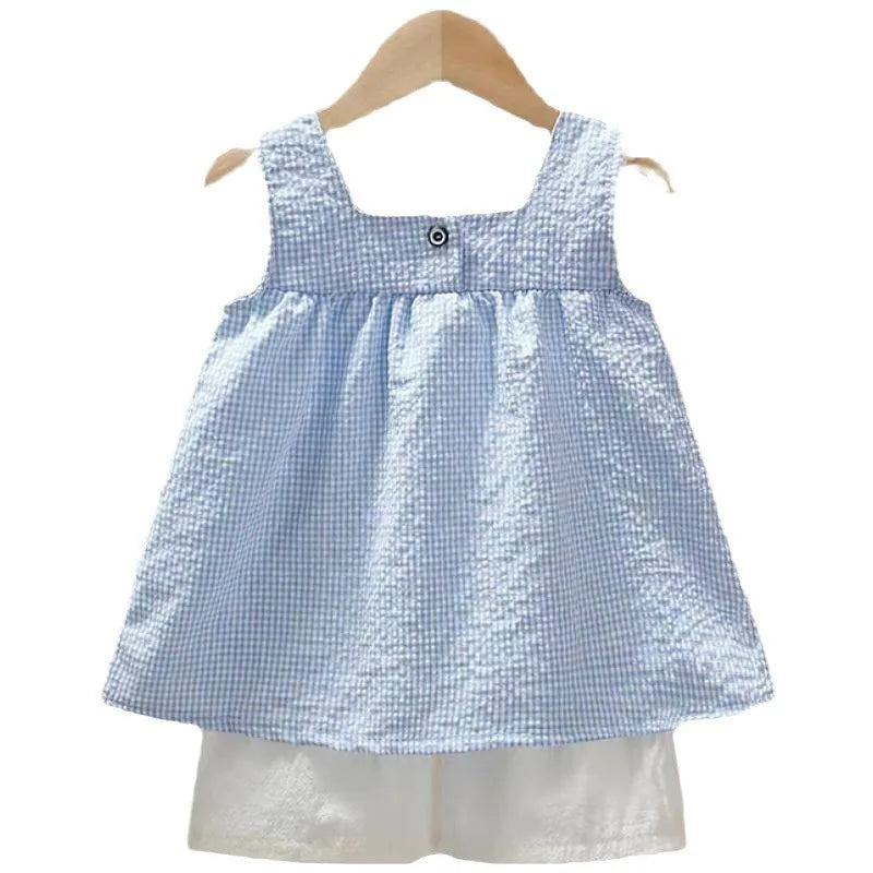 New Summer Kids Girls Clothes Sets Casual Girls Checked Straps+White Shorts 2pcs Suit Children Clothing Set