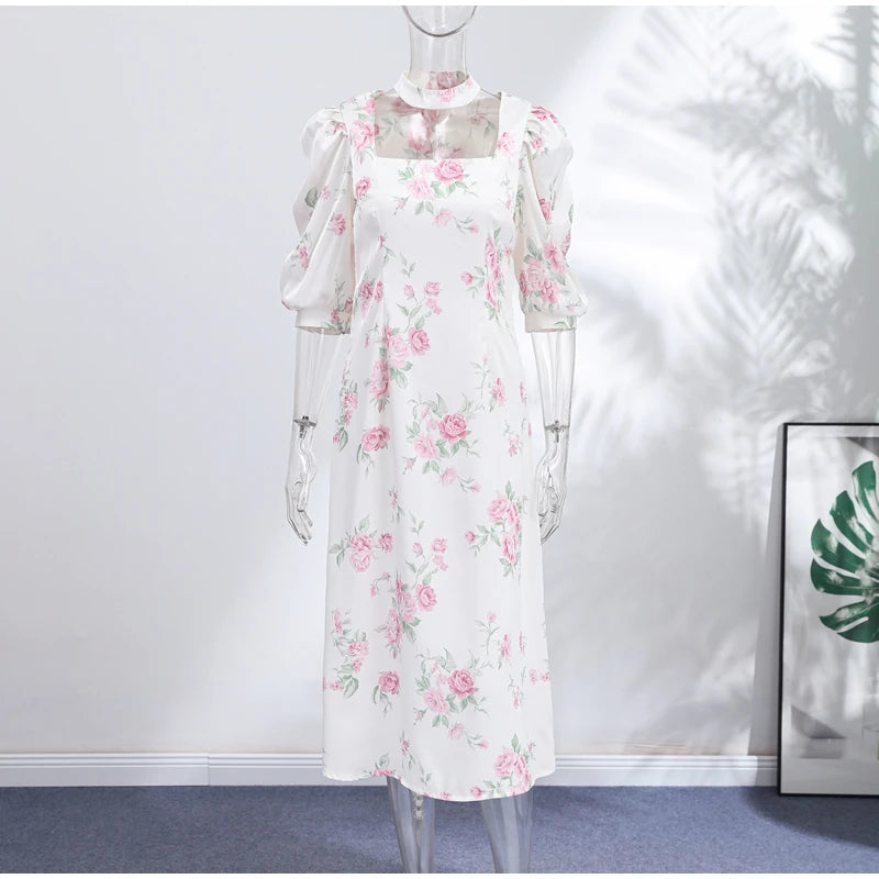 Women Dress Floral Print Satin Choker Neck Puff Sleeve Peplum Waist Maxi Dresses Elegant Vintage Beach Party Bodycon For Ladies