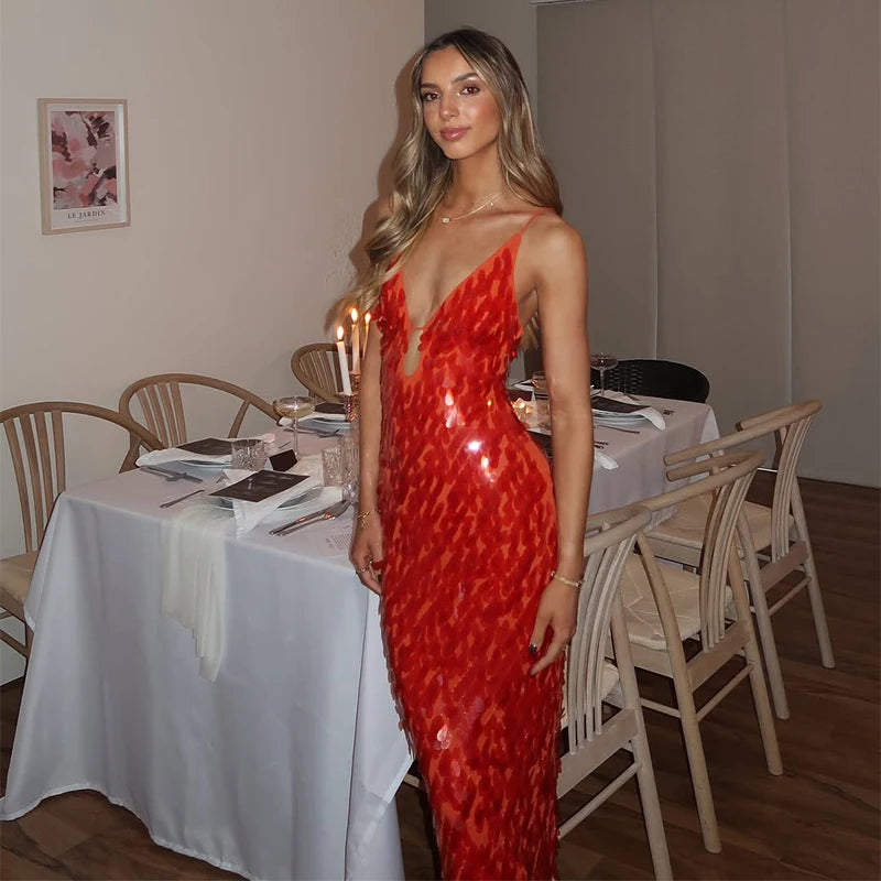 Sexy Sequined Women's Dress Hollow Out Backless V-Neck Slip Top Lady Long Dresses 2026 Spring Summer Female Holiday Robe New
