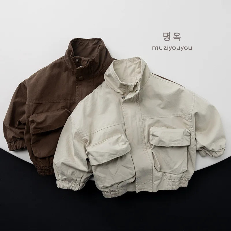 2026 Autumn New Children Casual Coat Girls Zipper Jacket Solid Baby Loose Outerwear Cotton Boys Work Coat Kids Clothes