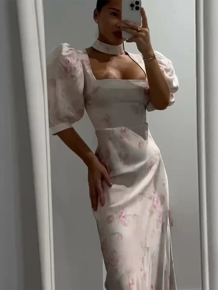 Women Dress Floral Print Satin Choker Neck Puff Sleeve Peplum Waist Maxi Dresses Elegant Vintage Beach Party Bodycon For Ladies
