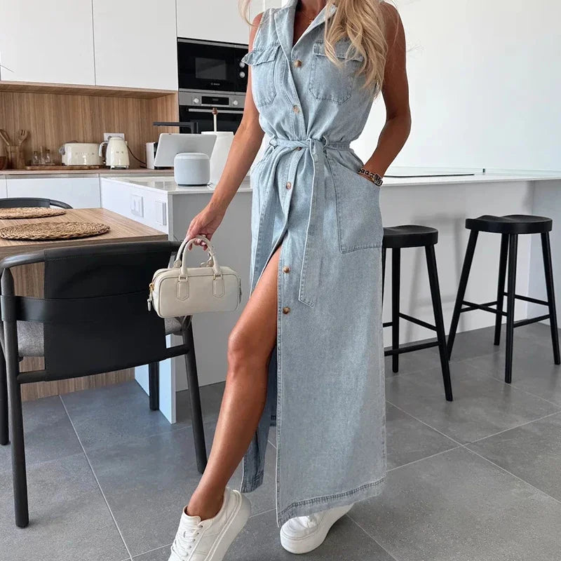 Elegant Laple Collar Lace-up Solid Denim Dress Casual Sleeveless Pocket Slim Long Dress Women Fashion Button Waist Party Dresses
