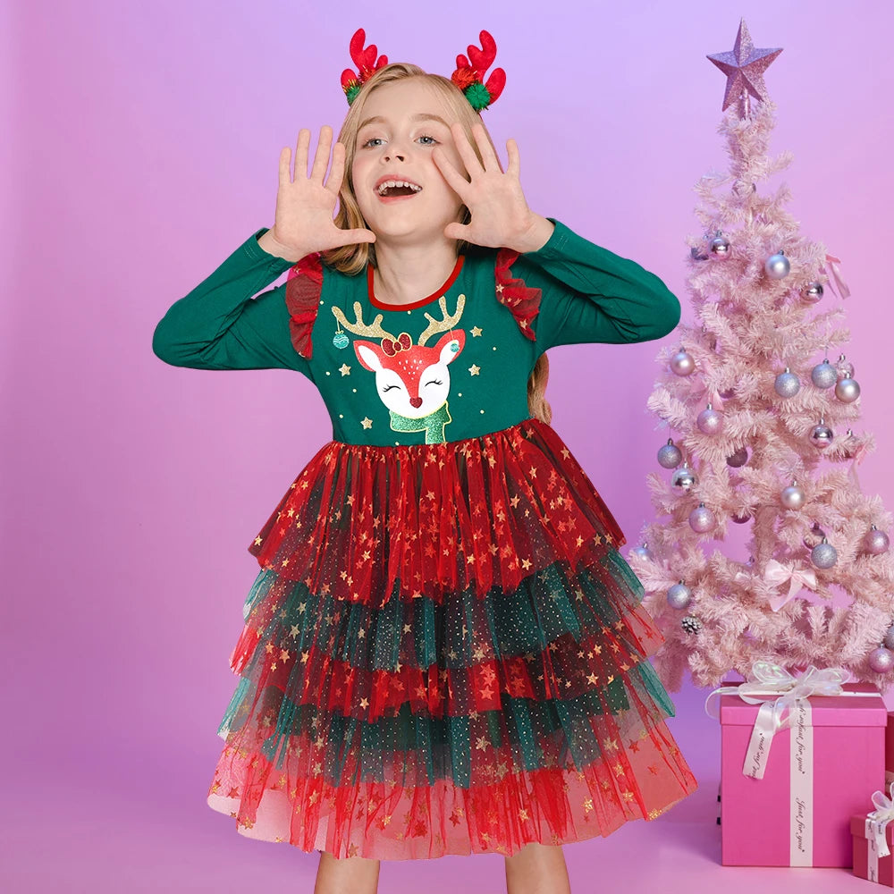 DXTON Princess Dress For Girls Christmas Gift Elk Printed Children New Year Party Clothing Winter Layered Mesh Kids Xmas Dress