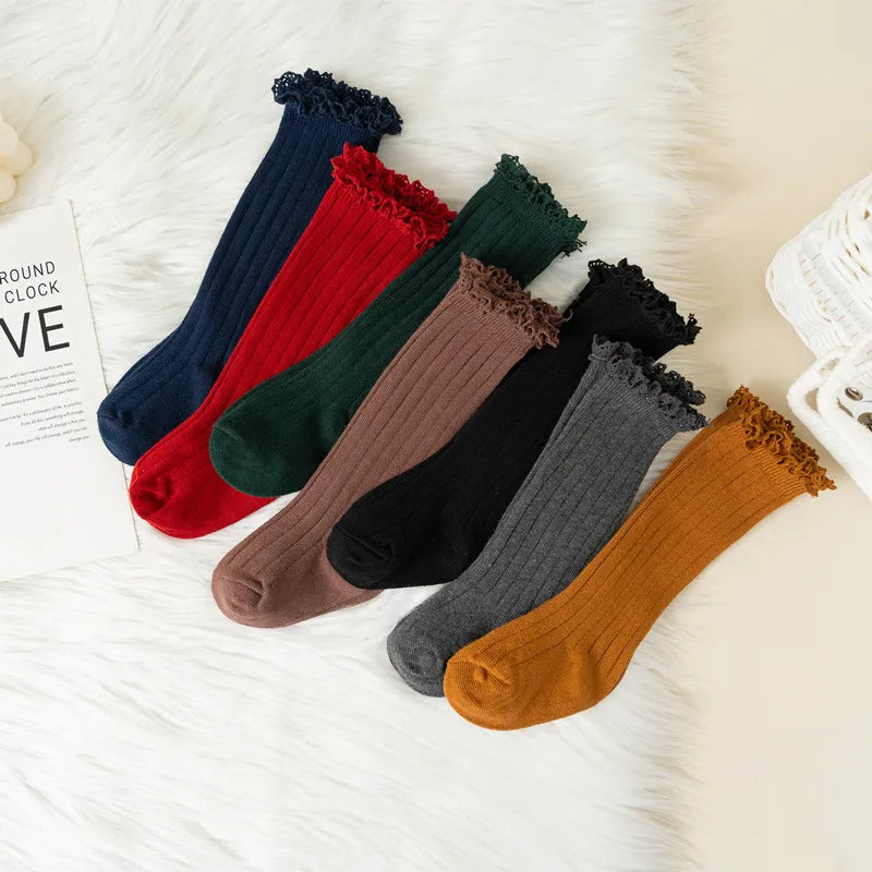Ruffle Kids Knee High Socks Baby Girls Toddlers Long Soft Cotton Sock Lace Flower Children Princess Uniform Socks For 0-8Years