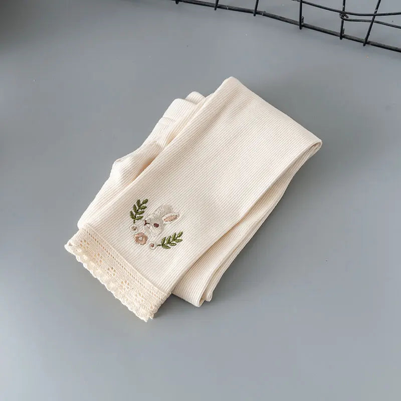 Kids Girls Spring Fall Bottom Legging Solid Elastic Waist Soft Rabbit Embroidery Pattern Pants 2-6Y Children Bottom Trouser