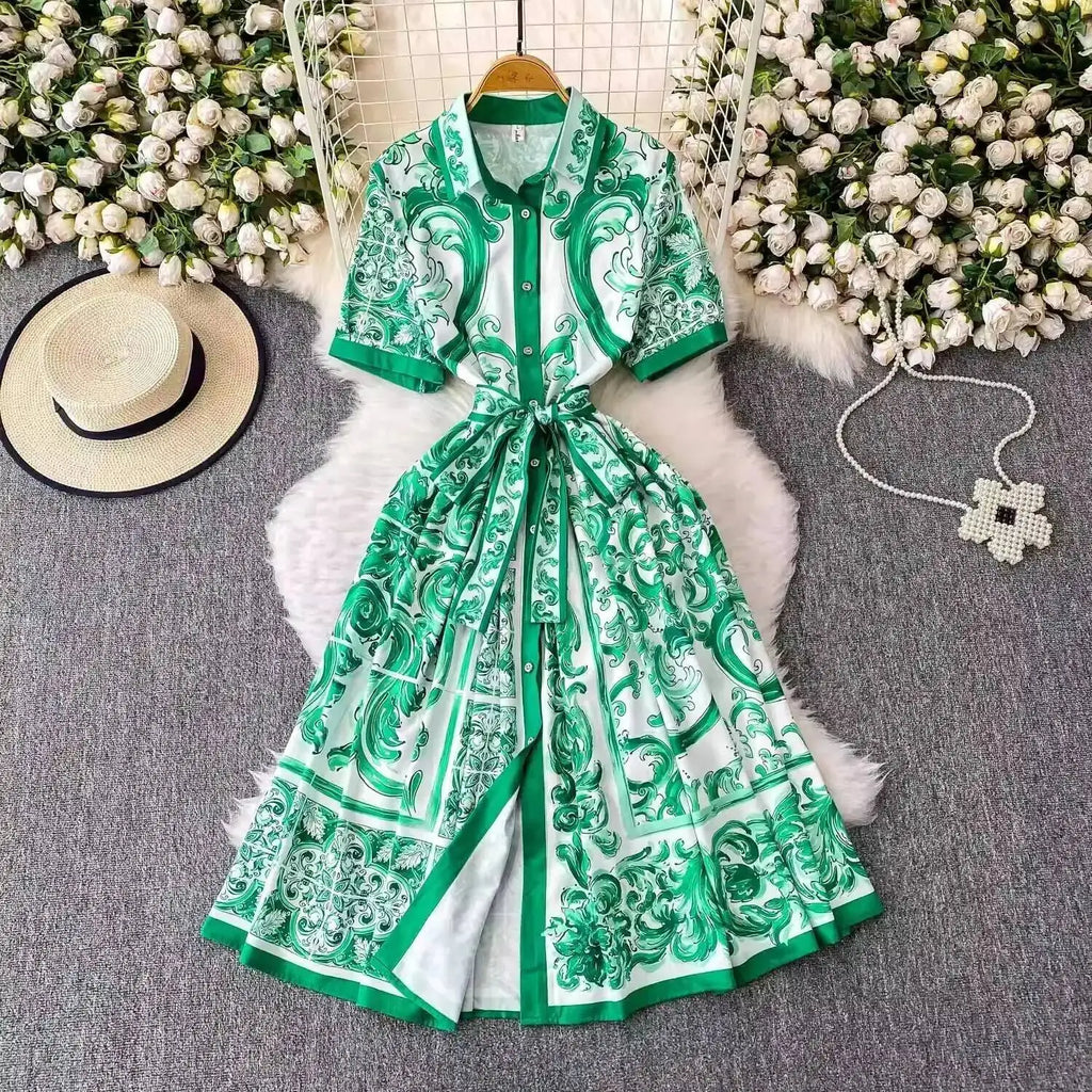 Fashion Summer Floral Long Dress Women Purple Porcelain Print Midi Dresses Shirt Single Breasted Office Lady Work Holiday Runway