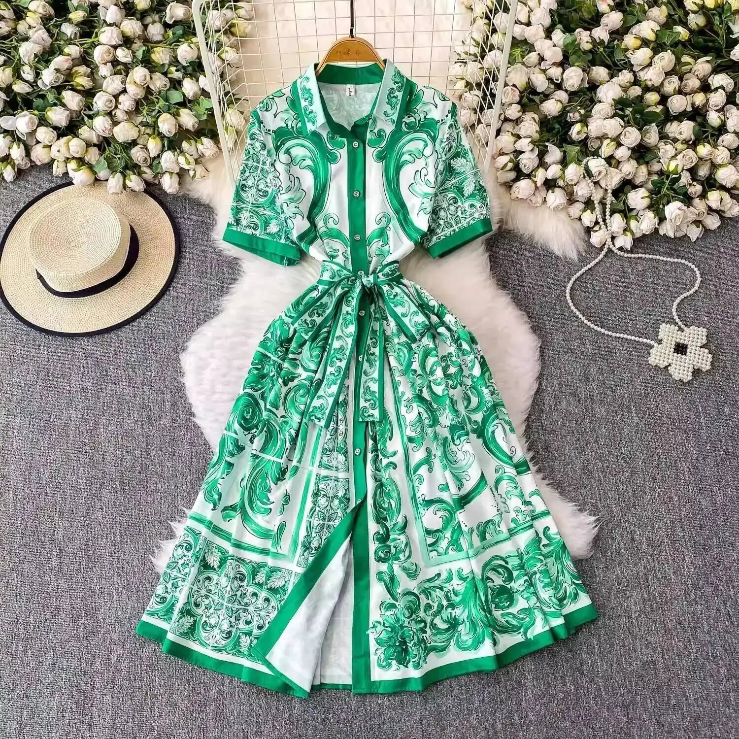 Fashion Summer Floral Long Dress Women Purple Porcelain Print Midi Dresses Shirt Single Breasted Office Lady Work Holiday Runway